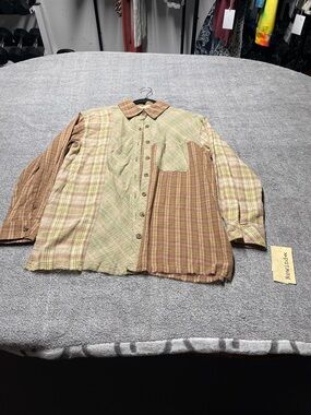 Rewind Patchwork Plaid Button-Down Shirt - Olive & Brown